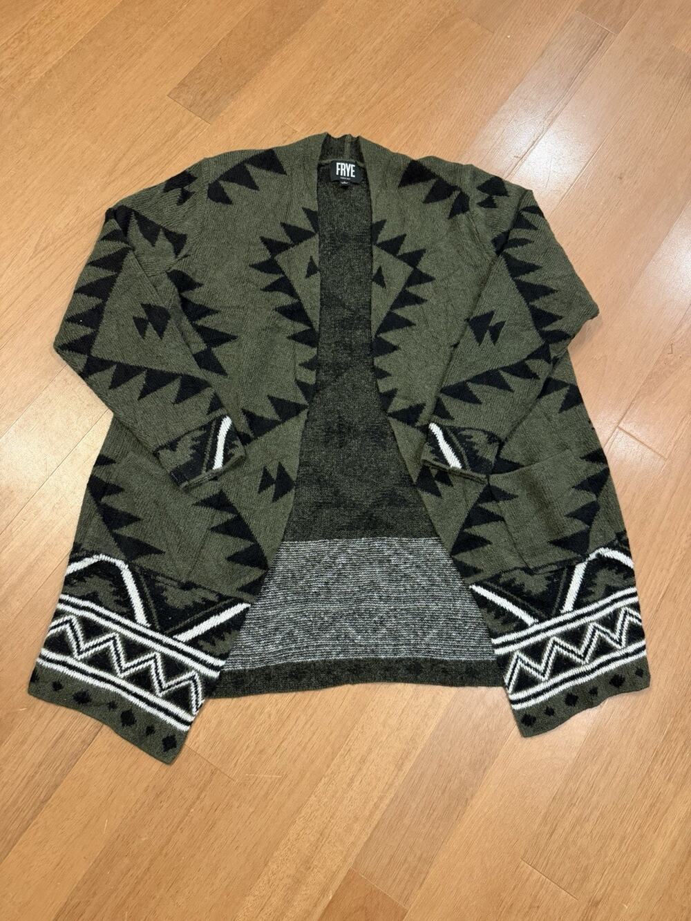 Frye Sweater Womens Large Green Aztec Cardigan Jacket Tribal Boho Southwest Warm